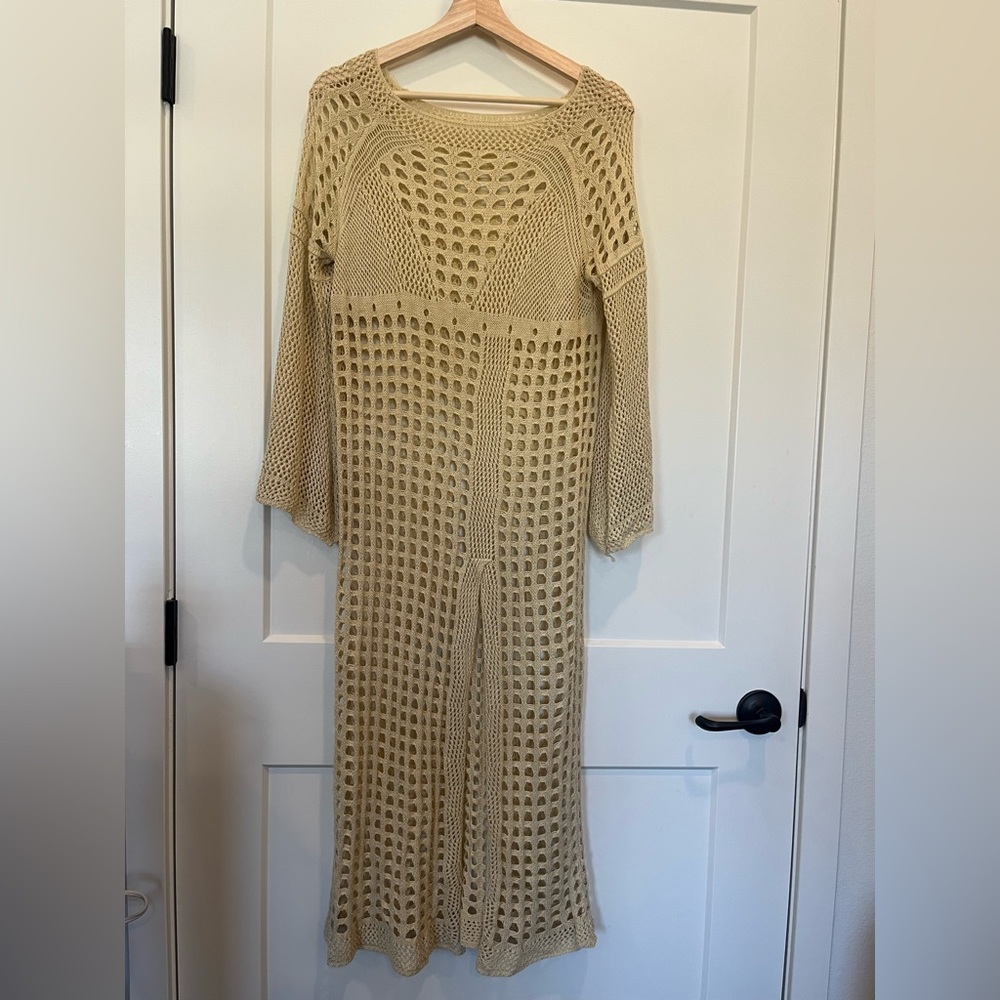 Open Knit Crochet Buttery Midi Bell Sleeves Boho Hippie Festival Pool Dress